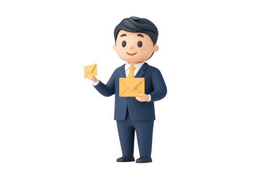 A cheerful cartoon character in a suit holding two envelopes, representing communication and business-related themes. png