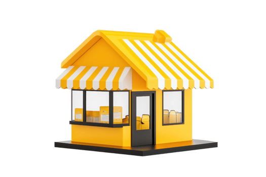 A vibrant yellow snack shop model featuring a striped awning and large windows. png