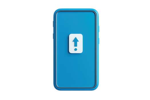 A blue smartphone with a white upload icon prominently displayed on its screen. png