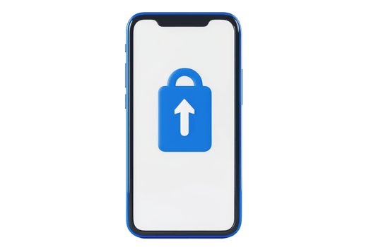 A smartphone displaying a blue padlock icon with an upward arrow on a white screen, symbolizing security or data protection. png