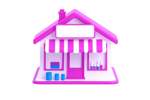 A colorful, cartoon-style shop featuring a pink roof, striped awning, and front windows displaying various items. png