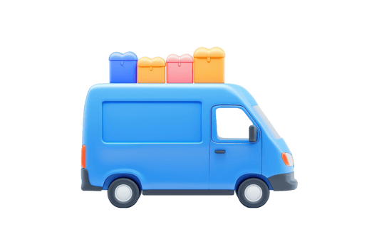 A blue delivery van with colorful boxes on the roof, designed for transporting goods. png