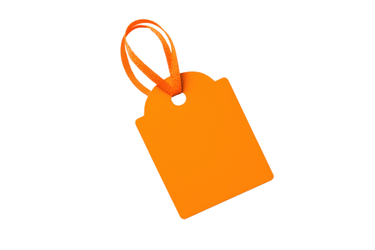 A vibrant orange tag with a round hole and a hanging loop, suitable for labeling items. png