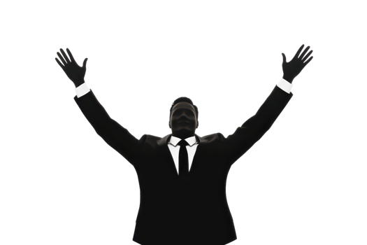A person in a suit with arms raised, expressing celebration or triumph. png