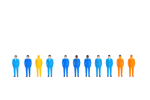 A row of stylized figures dressed in blue, yellow, and orange suits, standing in a lineup. png