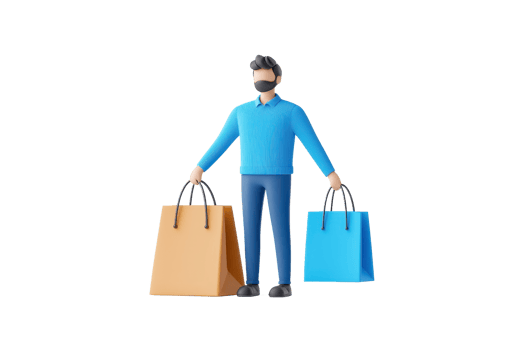 A man wearing a mask holds two shopping bags, one brown and one blue, dressed in a blue sweater and dark pants. png