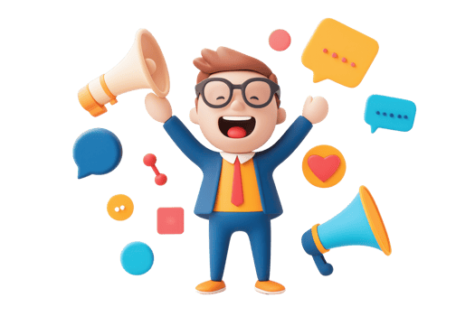 A cheerful character in a suit holds megaphones and colorful speech bubbles, expressing excitement and communication. png