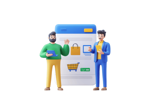 Two stylized characters engage with a shopping interface, showcasing digital commerce and interaction. png