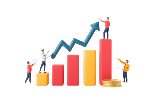 The image features colorful bar graphs with miniature figures interacting and pointing upwards, symbolizing growth and progress. png