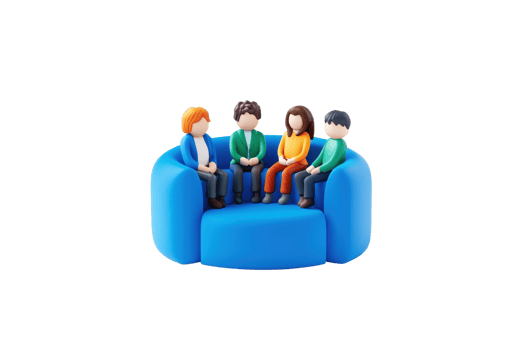 A group of four diverse, cartoon-style characters seated together on a vibrant blue sofa. png