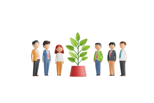 A group of diverse individuals stands around a potted plant, symbolizing teamwork and growth. png