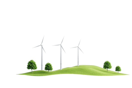 Three wind turbines stand on a green hill, complemented by two small trees, symbolizing renewable energy and sustainability. png