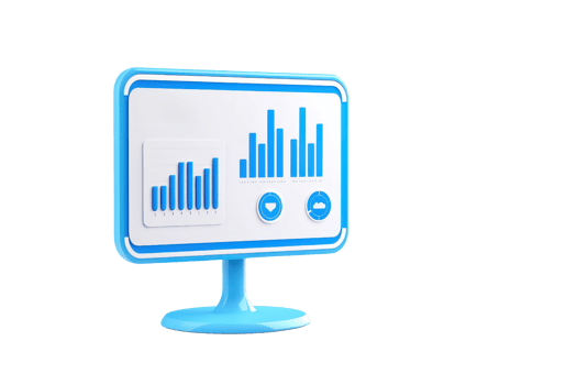 A colorful computer monitor displaying bar graphs and icons, symbolizing data analytics and performance metrics. png