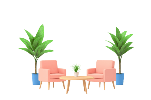 Two pink armchairs flank a wooden table, accompanied by green potted plants, creating a cozy seating arrangement. png