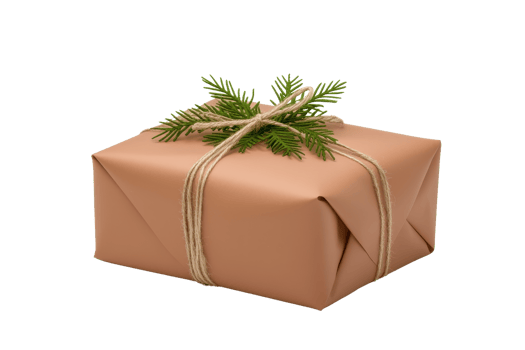 A neatly wrapped gift box adorned with twine and a sprig of evergreen. png