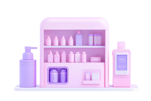 A colorful display of various skincare and beauty products arranged neatly on a modern shelf. png