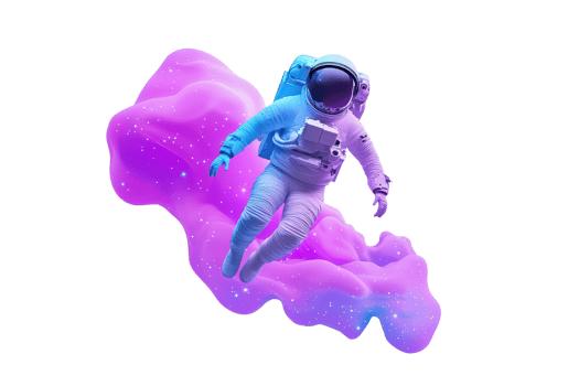 An astronaut floats through a vibrant, swirling cloud of purple and blue colors. png