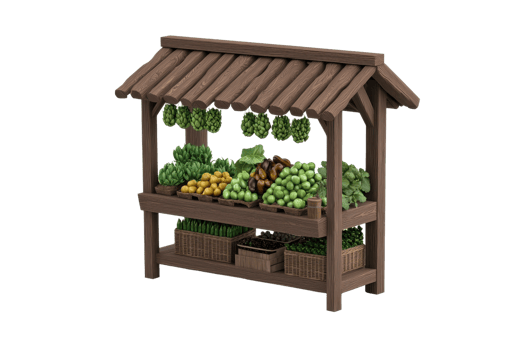 A wooden market stall displaying a variety of fresh fruits and vegetables in baskets. png