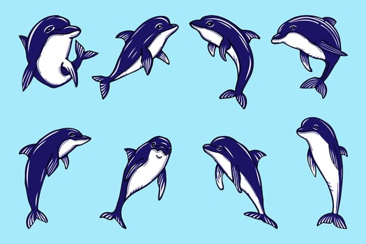 set of colored dolphins, hand drawn in cartoon style. vector