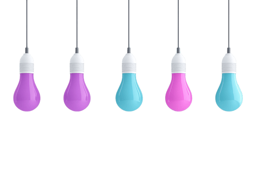 Colorful hanging light bulbs in various shades of pink and blue, featuring a modern design with white sockets. png