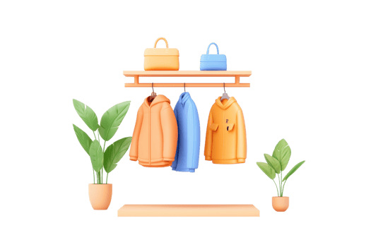 A shelf displays colorful clothing items, including orange and blue jackets, alongside stylish plant pots. png
