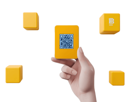 A yellow cube with a QR code is held in a hand, surrounded by similar cubes, emphasizing connectivity and technology. png