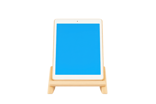 A tablet resting on a wooden stand with a vibrant blue screen. png