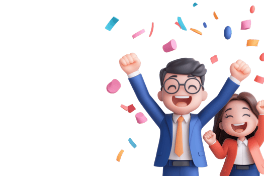 Cheerful animated characters celebrate joyfully with raised fists, surrounded by colorful confetti. png
