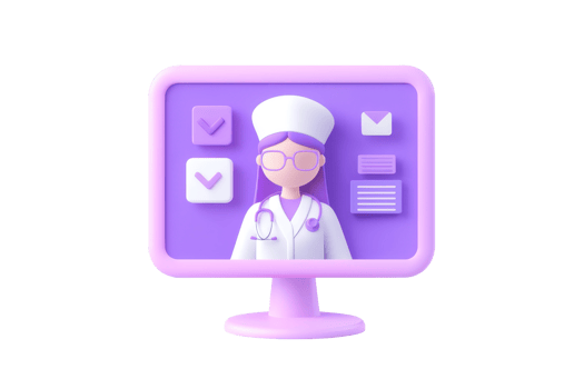 A 3D illustration of a nurse on a computer screen, featuring a stethoscope and various icons representing healthcare tasks. png