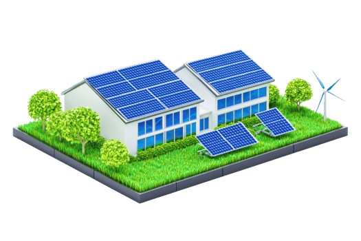 A modern house featuring solar panels on the roof and surrounding greenery, highlighting sustainable energy solutions. png