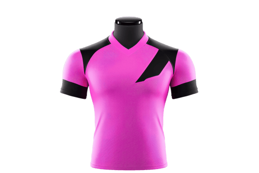 A vibrant pink athletic shirt with black accents, featuring a modern design and a fitted silhouette displayed on a mannequin. png
