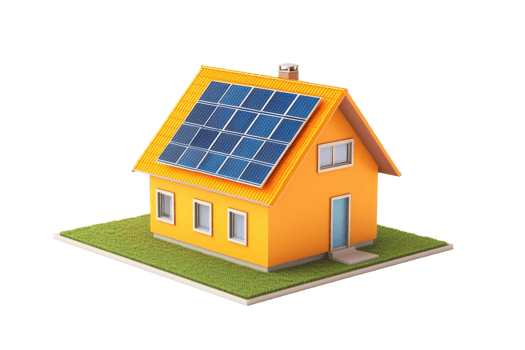 A vibrant orange house featuring solar panels on the roof, showcasing renewable energy and modern design. png