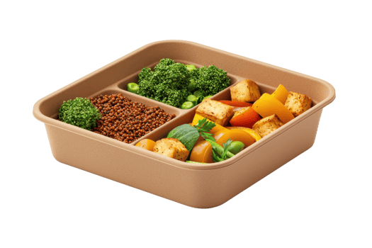 A square container filled with colorful vegetables, grains, and greens, neatly divided into sections. png