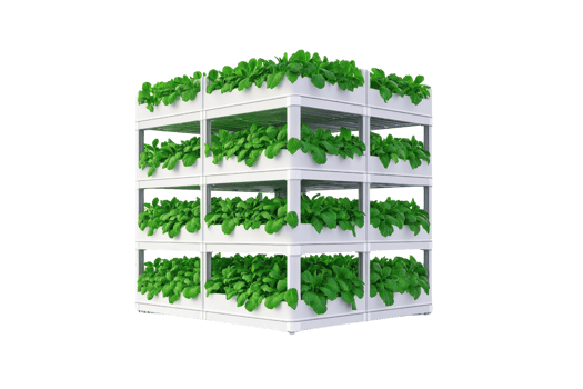 A vertical stack of white crates filled with vibrant green plants, showcasing a modern approach to urban gardening and hydroponics. png