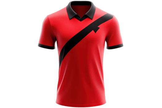 A vibrant red polo shirt featuring a bold black stripe, designed for a modern and stylish look. png