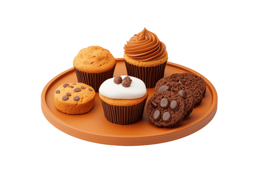 A plate featuring assorted cupcakes and cookies, showcasing a variety of flavors and textures in an appealing arrangement. png