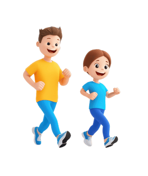 Two cartoon characters, a boy in a yellow shirt and a girl in a blue shirt, are happily jogging side by side. png