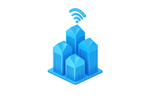 A cluster of blue skyscrapers with a wireless signal symbol above, representing connectivity and modern urban infrastructure. png