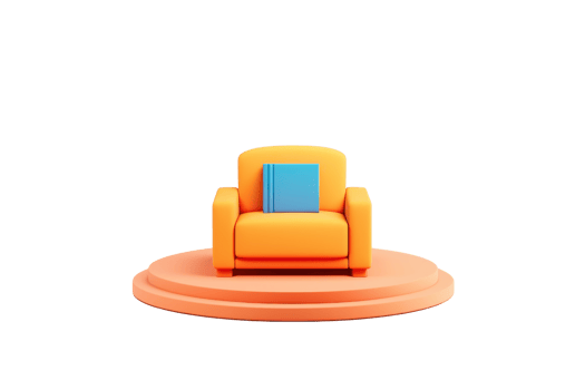 A vibrant orange armchair with a blue book resting on its arm, set on a circular platform. png
