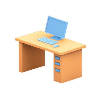 A modern desk with a computer setup, featuring a monitor, keyboard, and mouse, designed for ergonomic use and productivity. png