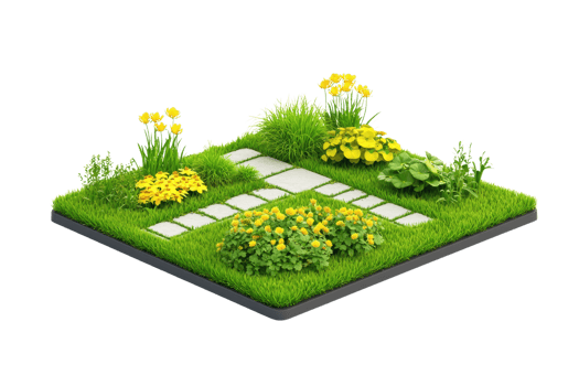 A vibrant garden scene featuring various flowers, lush greenery, and stone pathways creating a charming outdoor space. png