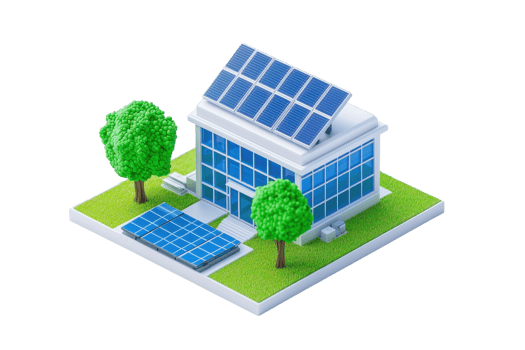 A modern house featuring solar panels on the roof, surrounded by two green trees and a solar panel installation in the front yard. png