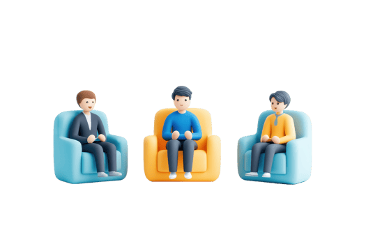 Three stylized figures seated on colorful chairs, engaged in conversation. png