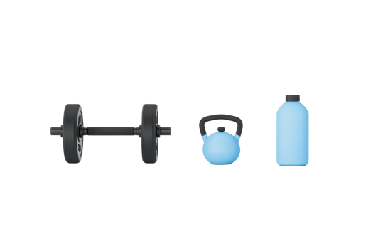 A black dumbbell, a blue kettlebell, and a blue water bottle arranged in a row. png