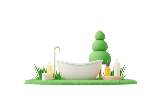 A modern bathtub surrounded by candles, essential oils, and greenery, creating a serene spa-like atmosphere. png
