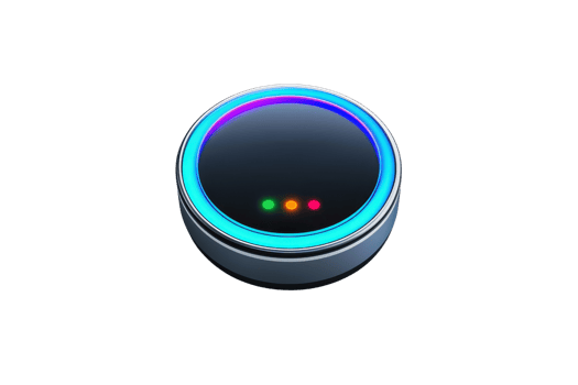 A sleek, circular device features colorful illumination and a glossy surface, designed for smart home interaction. png