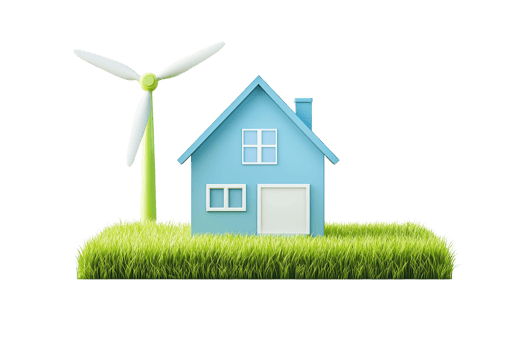 A blue house with a wind turbine stands on a patch of grass, symbolizing eco-friendly living and renewable energy. png