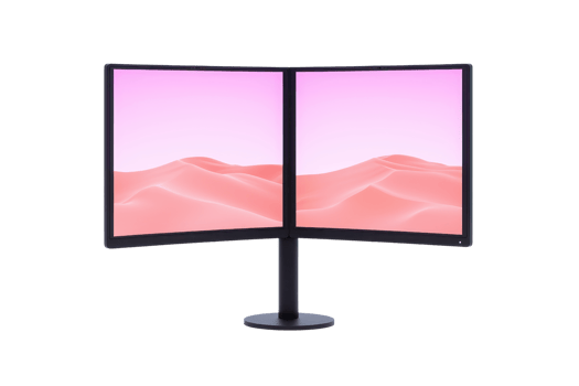 A sleek, curved dual monitor setup displaying soft pink hues, ideal for productivity and immersive experiences. png