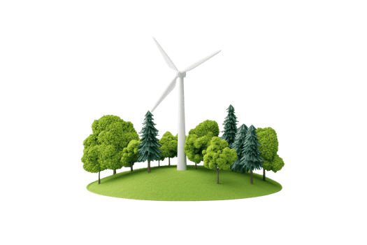 A wind turbine surrounded by a variety of trees on a grassy hill. png