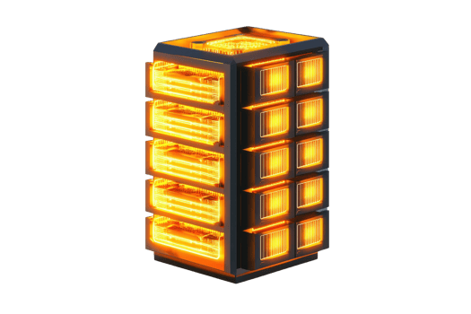 A glowing, futuristic device with stacked compartments, radiating warm orange light, showcasing a sleek and modern design. png